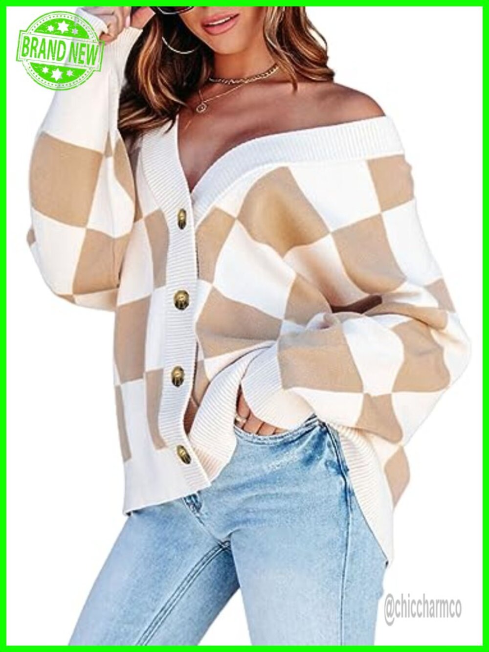 Dokotoo Cable Knit Plaid Cardigan Sweater Button Down V Neck